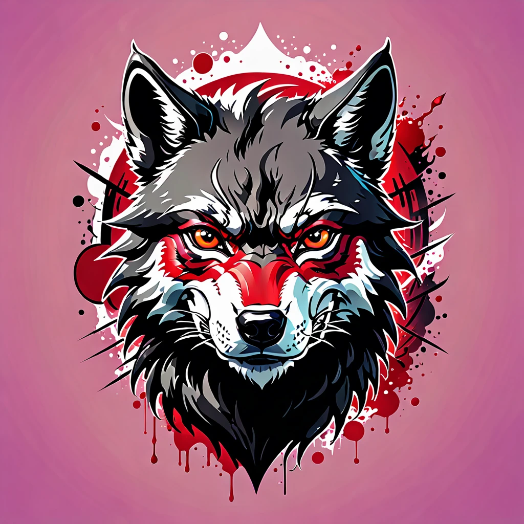 t-shirt print design, a detailed illustration of the face of the evil ninja wolf, magic, red color, black magic splash, dark, gothic, t-shirt design, in the style of Studio Ghibli, pastel tetradic colors, 3D vector art, fantasy art, watercolor effect, bokeh, Adobe Illustrator, hand-drawn, digital painting, low-poly, soft lighting, isometric style, retro aesthetic, character-focused, 4K resolution