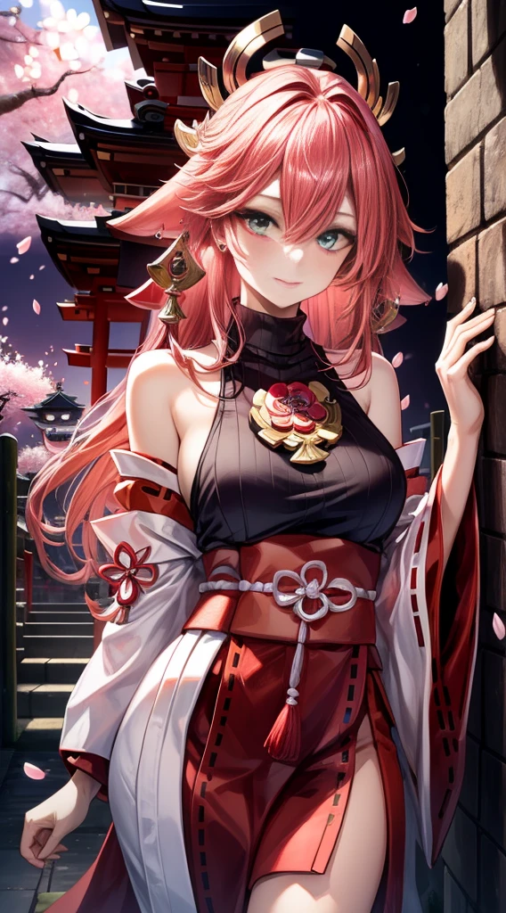 (Masterpiece, Excellent, 1girl, solo, complex details, color difference), realism, ((medium breath)), off-the-shoulders, big breasts, sexy, Yae Miko, long pink hair, red headdress, red highlight, hair above one eye, green eyes, earrings, sharp eyes, perfectly symmetrical figure, choker, neon shirt, open jacket, turtleneck sweater, against the wall, brick wall, graffiti, dim lighting, alley, looking at the audience, ((mean, seductive, charming)), ((cherry blossom background ))),((Japanese temple background)))), (((Glow-in-the-dark background)))