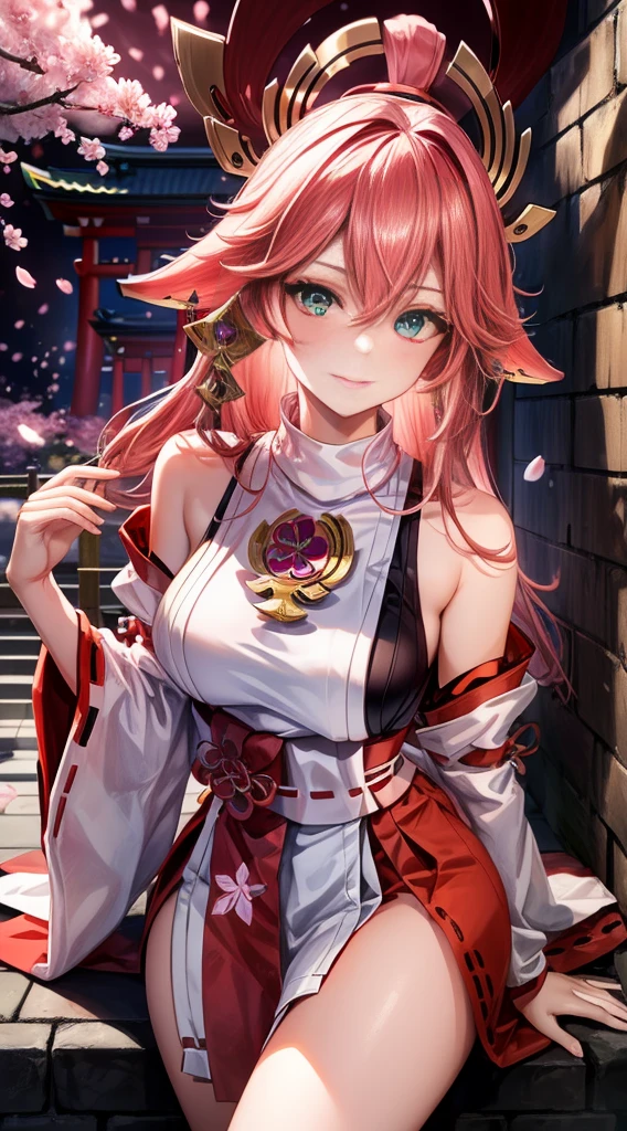 (Masterpiece, Excellent, 1girl, solo, complex details, color difference), realism, ((medium breath)), off-the-shoulders, big breasts, sexy, Yae Miko, long pink hair, red headdress, red highlight, hair above one eye, green eyes, earrings, sharp eyes, perfectly symmetrical figure, choker, neon shirt, open jacket, turtleneck sweater, against the wall, brick wall, graffiti, dim lighting, alley, looking at the audience, ((mean, seductive, charming)), ((cherry blossom background ))),((Japanese temple background)))), (((Glow-in-the-dark background)))