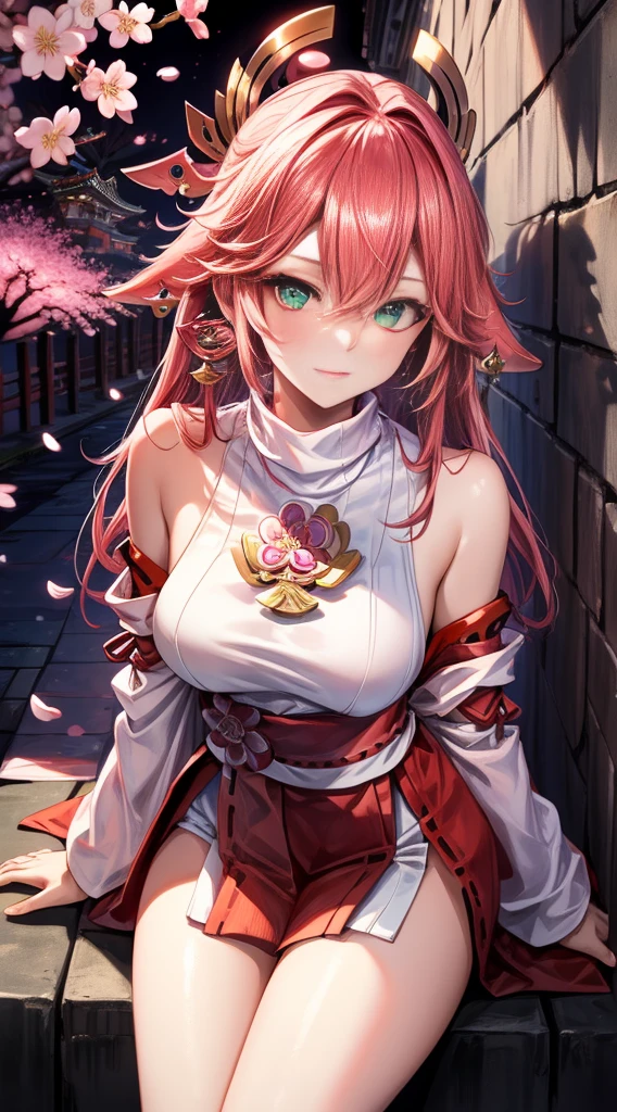 (Masterpiece, Excellent, 1girl, solo, complex details, color difference), realism, ((medium breath)), off-the-shoulders, big breasts, sexy, Yae Miko, long pink hair, red headdress, red highlight, hair above one eye, green eyes, earrings, sharp eyes, perfectly symmetrical figure, choker, neon shirt, open jacket, turtleneck sweater, against the wall, brick wall, graffiti, dim lighting, alley, looking at the audience, ((mean, seductive, charming)), ((cherry blossom background ))),((Japanese temple background)))), (((Glow-in-the-dark background)))