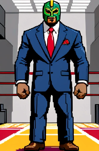 8-bit graphics luchador wearing a suit, as a video game character in Rampage