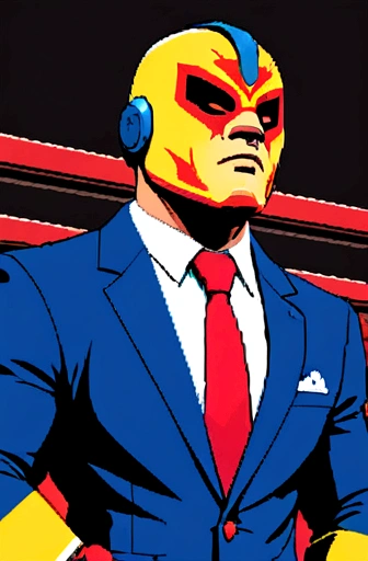 8-bit graphics luchador wearing a suit, as a video game character in Rampage