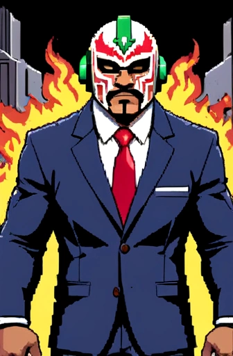 8-bit graphics luchador wearing a suit, as a video game character in Rampage