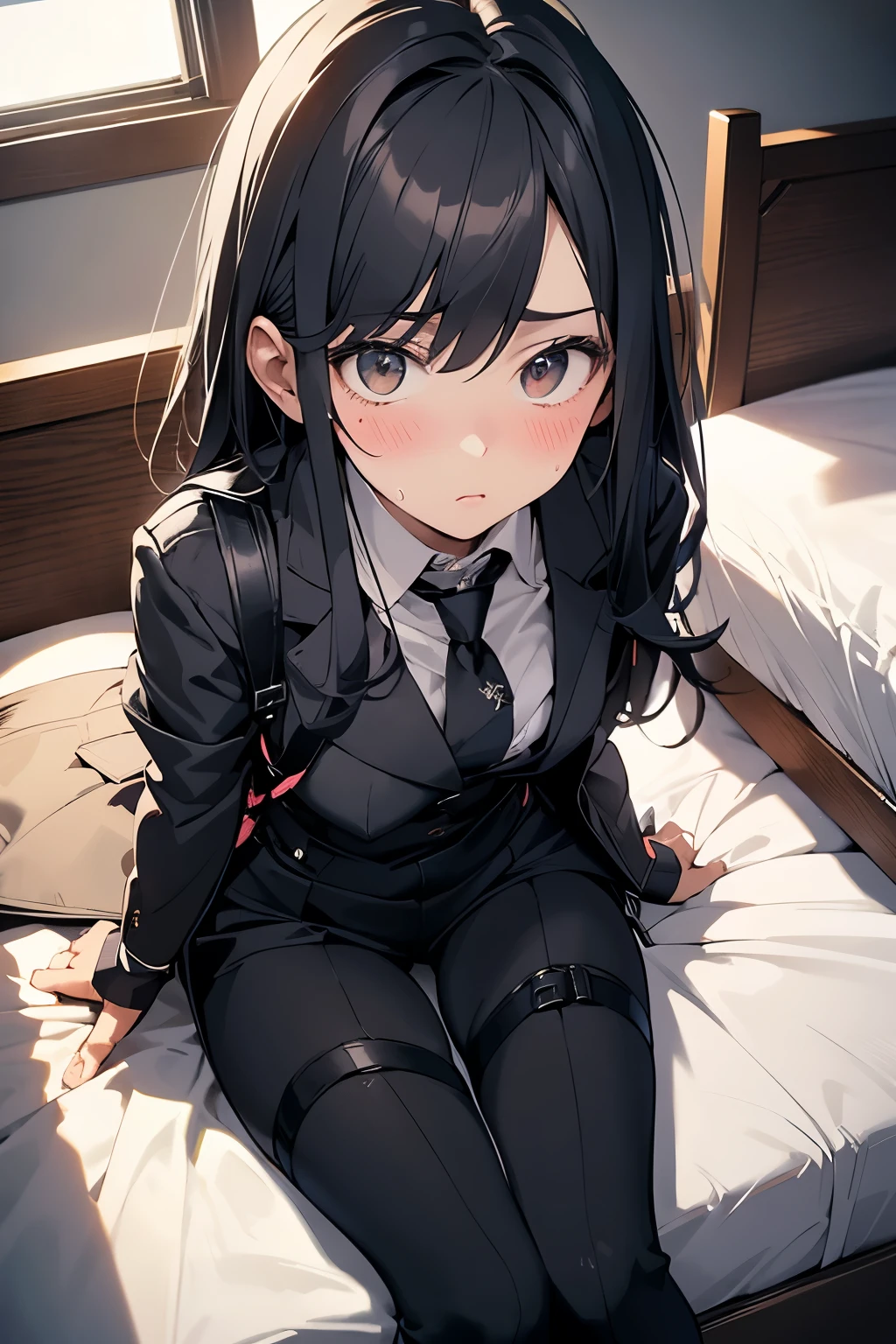 Black suspenders Moderate breasts Small face holster Beautiful woman Lying in bed Looking up Sweat belt summer 脇Sweat Black Hole Gloves suit Dress shirt Black jacket Mask black pants Gun possession