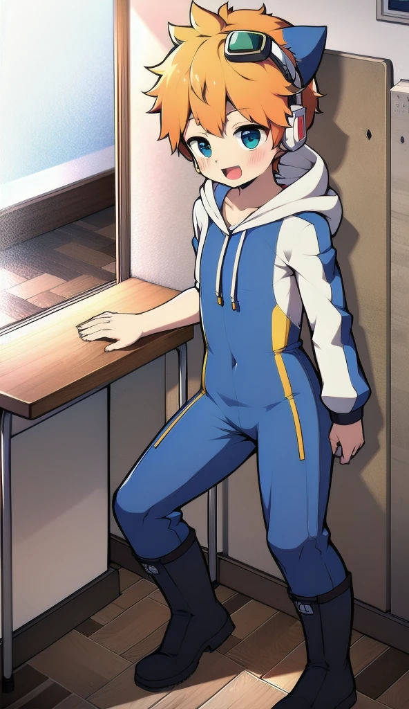 Two-dimensional boy，One-piece mountaineering suit，trumpet，Cat ears，Put the headphones on your head，stand up，goggles，boots，Slim，Happy，Sailor collar，classroom，hood