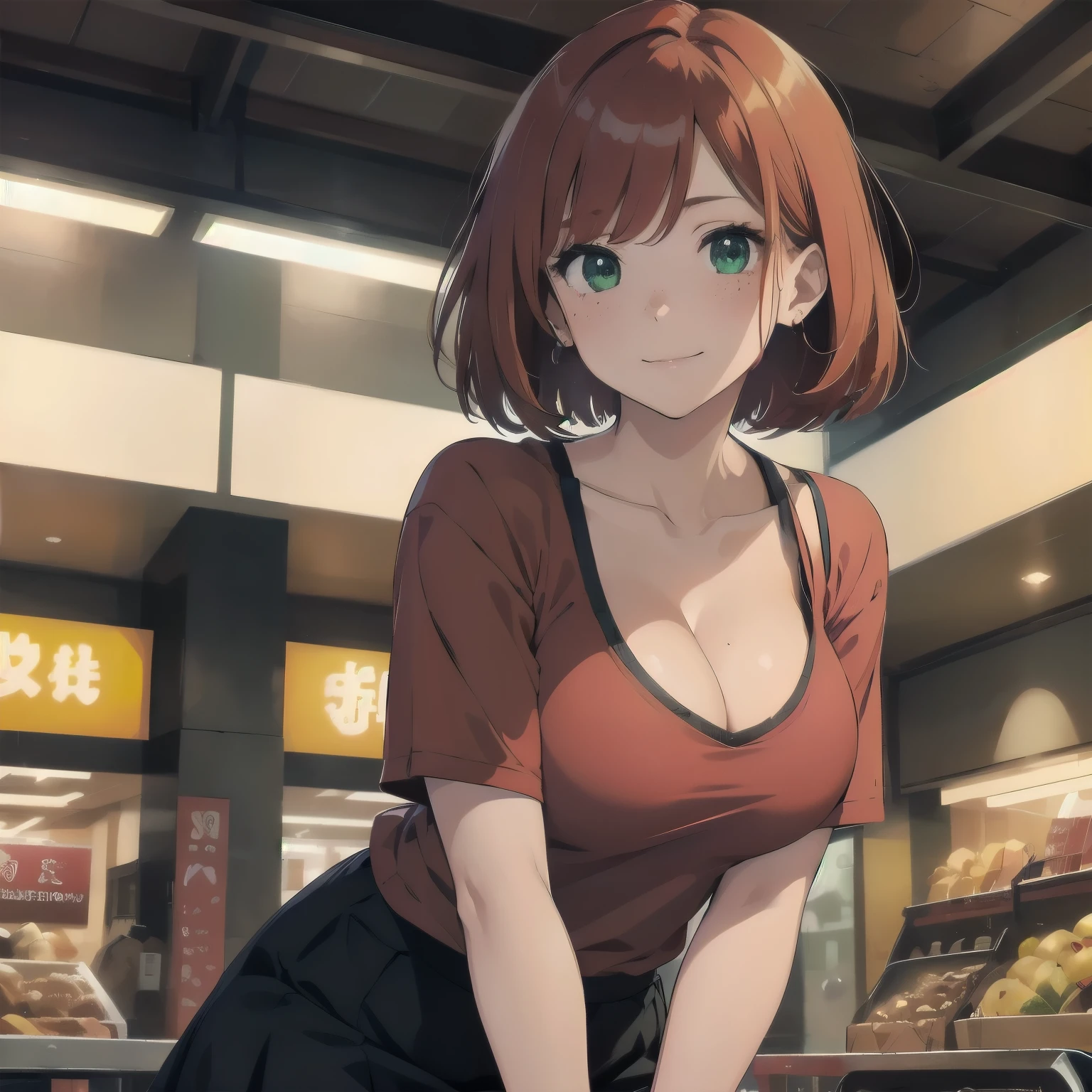 (masterpiece), best quality, expressive eyes, perfect face, 1girl, solo, bob cut, redhead, red hair BREAK short hair, green eyes BREAK blush, looking at viewer, freckles, breasts, cleavage, smile, closed mouth, red shirt BREAK orange skirt, mall, interior, market, standing, interior