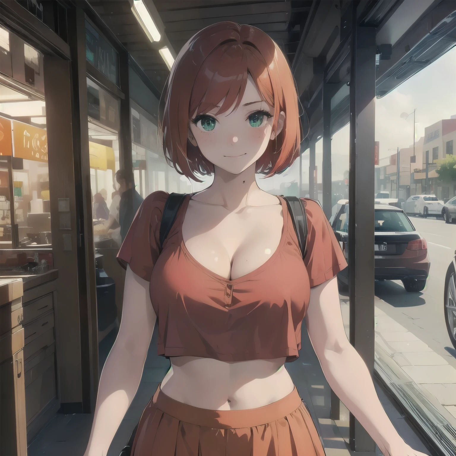 (masterpiece), best quality, expressive eyes, perfect face, 1girl, solo, bob cut, redhead, red hair BREAK short hair, green eyes BREAK blush, looking at viewer, freckles, breasts, cleavage, smile, closed mouth, red shirt BREAK orange skirt, mall, interior, market, standing, interior