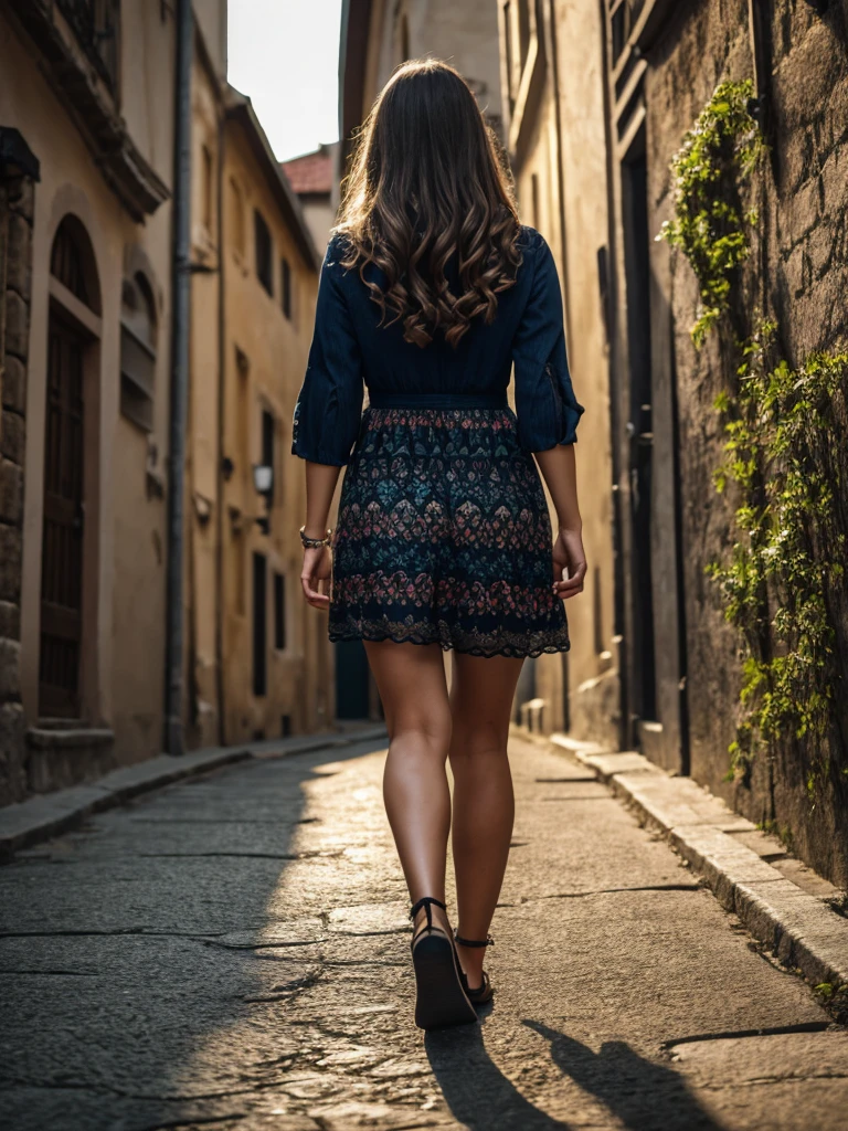 young woman with light brown wavy hair,black short sundress,walking through alley in croatia,back facing camera,intricate details,highly realistic,(best quality,4k,8k,highres,masterpiece:1.2),ultra-detailed,(realistic,photorealistic,photo-realistic:1.37),HDR,UHD,studio lighting,ultra-fine painting,sharp focus,physically-based rendering,extreme detail description,professional,vivid colors,bokeh,intricate background,warm lighting,cinematic composition
