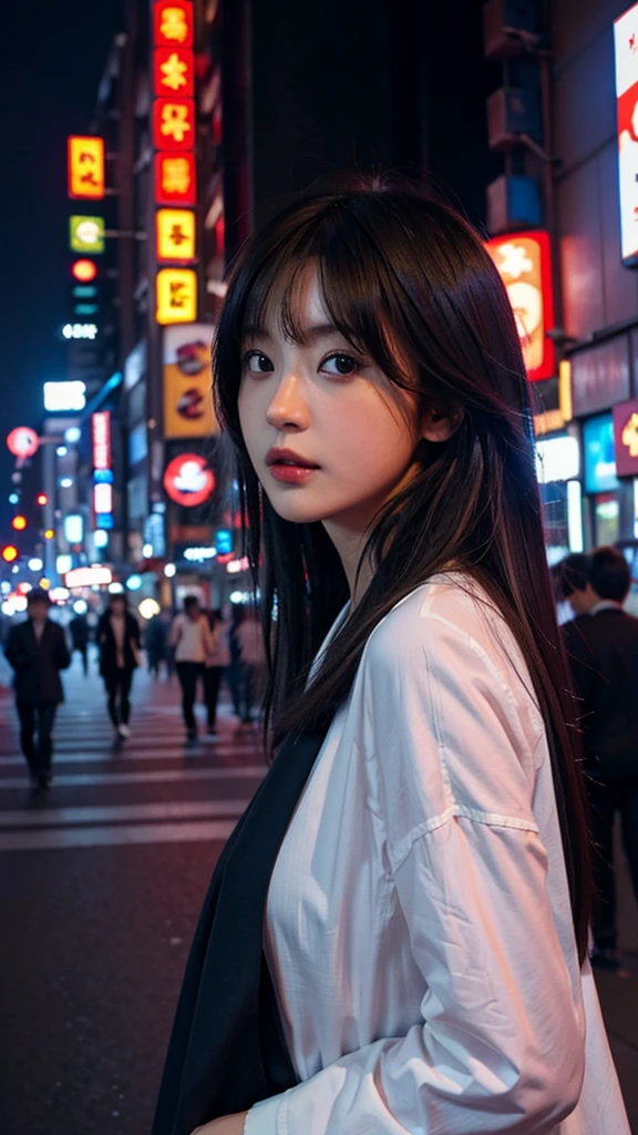 1girl, Tokyo street,night(Kabukicho,Shinjuku), Hair color is light,cityscape,city lights, upper body,close-up, 8K, RAW photo, best quality, masterpiece,realistic, photo-realistic,