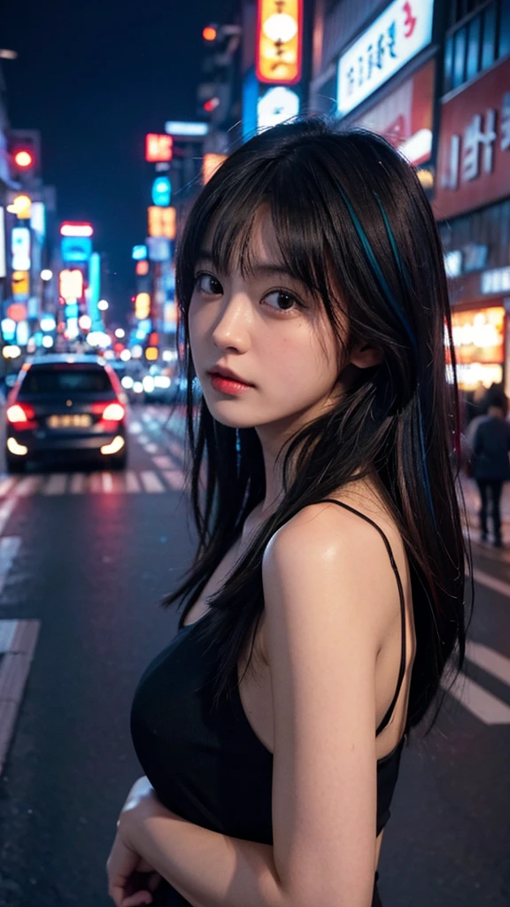 1girl, Tokyo street,night(Kabukicho,Shinjuku), Hair color is light,cityscape,city lights, upper body,close-up, 8K, RAW photo, best quality, masterpiece,realistic, photo-realistic,