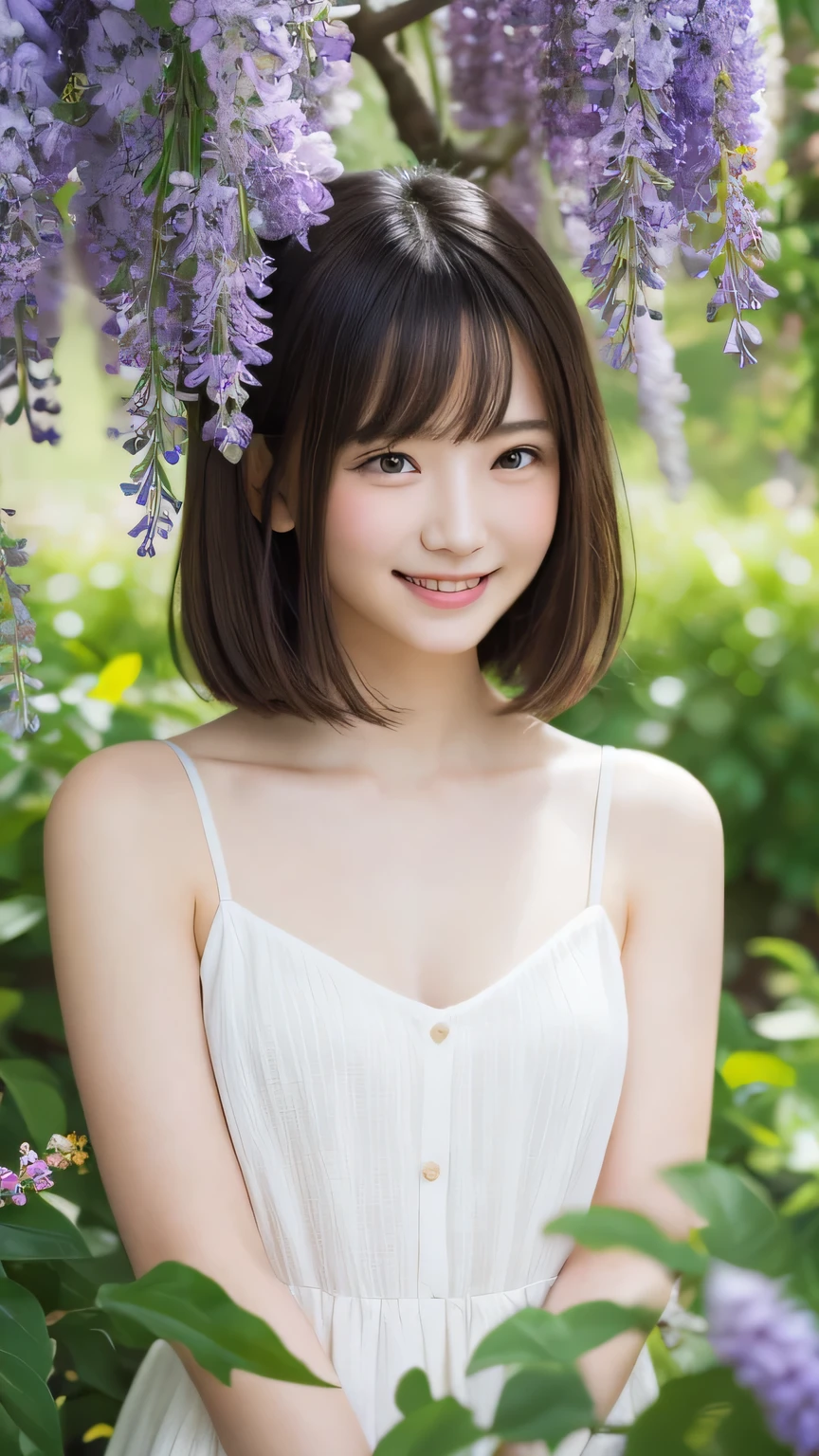 (masterpiece、Highest quality、Official Art:1.2)、Fantasy、Wisteria in full bloom on the wisteria trellis、Summer sunshine、A cute 16 year old girl looks up and admires the wisteria flowers.、Cumulonimbus、High resolution、32k、Accuracy、Where are the clouds??here it is、Superior Quality、super High resolution,Big shy smile ,Peekaboo、Point to your cheek , Detailed skin