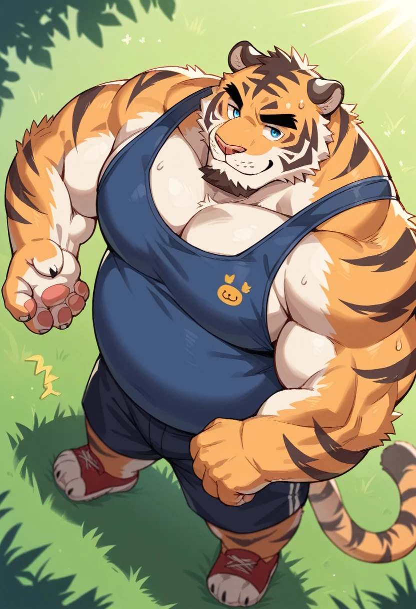 NJ5furry,tiger,solitary,Beast field,chubby, Thick arms,Strong muscles,shorts,Plush,Chubby face,Black eyebrows,Sky blue eyes,beard,smirks,on the grass,Lie down,look up to the sky,(from above:1.1),Victory sign,(shirt,shorts),Sunlight,(sweat),by zixiong, Takemoto Arashi