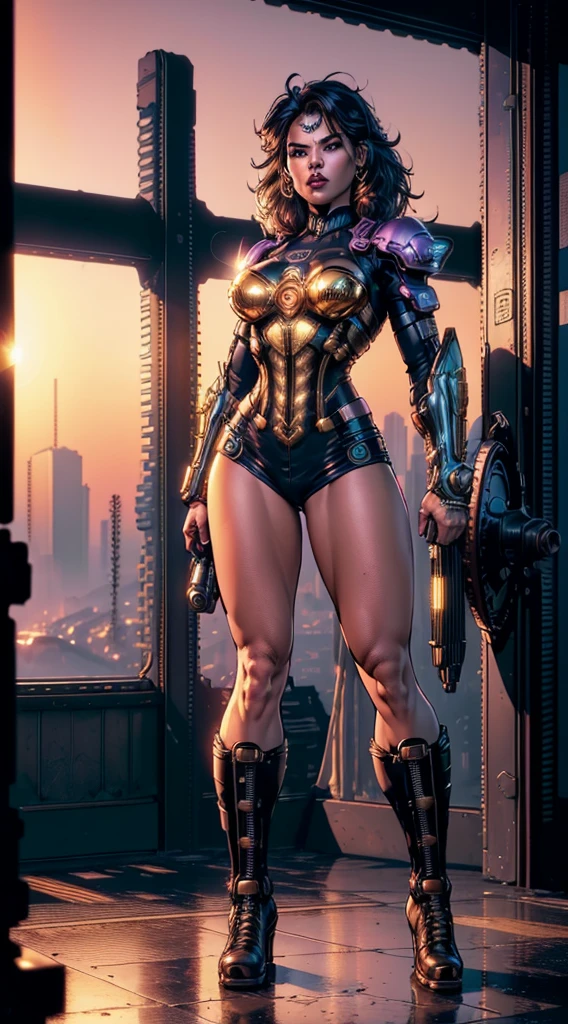 (Best Quality, 4k, Masterpiece :1.3), 1 girl, (vaporpunk), scenery, vaporpunk room engine, repairing engine, gears, teeth, vapor, Boots, mono, dirty face, standing, machinery, oil on the floor, dirty floor, Character focus, (golden hour lighting), ray tracing, Super realistic 8K ULTRA HD HDR photographic cinematic image, magic photography, super detailed, (ultra detailed), (Superior quality, Best Quality, super high quality image, Masterpiece), standard lens, dramatic lighting, 8k, UHD, intricate detail, (grateeth), integral kinematics, showy, Clave visual, Very detailed, detailed extreme, Hyper realistic, (fondo Very detailed, detailed landscape), delicate details, RAW image, DSLR,