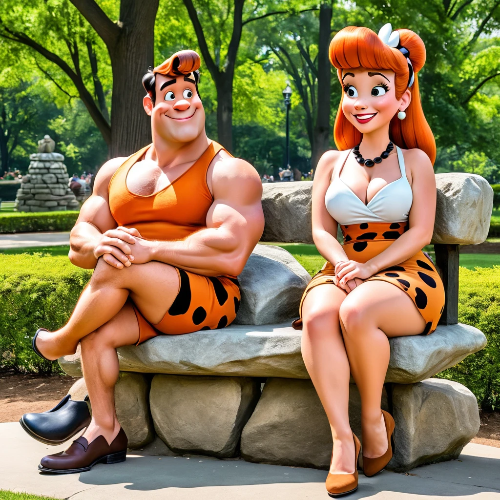 Fred and Wilma Flintstone sitting on a stone bench in the park