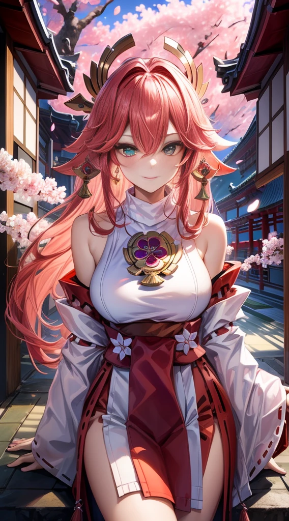 (Masterpiece, Excellent, 1girl, solo, complex details, color difference), realism, ((medium breath)), off-the-shoulders, big breasts, sexy, Yae Miko, long pink hair, red headdress, red highlight, hair above one eye, green eyes, earrings, sharp eyes, perfectly symmetrical figure, choker, neon shirt, open jacket, turtleneck sweater, against the wall, brick wall, graffiti, dim lighting, alley, looking at the audience, ((mean, seductive, charming)), ((cherry blossom background ))),((Japanese temple background)))), (((Glow-in-the-dark background)))