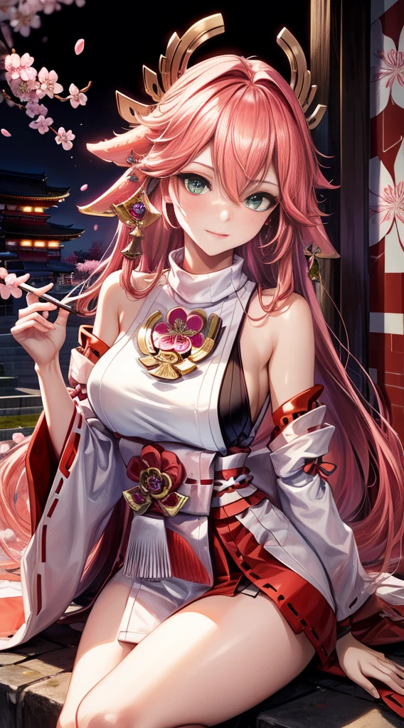 (Masterpiece, Excellent, 1girl, solo, complex details, color difference), realism, ((medium breath)), off-the-shoulders, big breasts, sexy, Yae Miko, long pink hair, red headdress, red highlight, hair above one eye, green eyes, earrings, sharp eyes, perfectly symmetrical figure, choker, neon shirt, open jacket, turtleneck sweater, against the wall, brick wall, graffiti, dim lighting, alley, looking at the audience, ((mean, seductive, charming)), ((cherry blossom background ))),((Japanese temple background)))), (((Glow-in-the-dark background)))