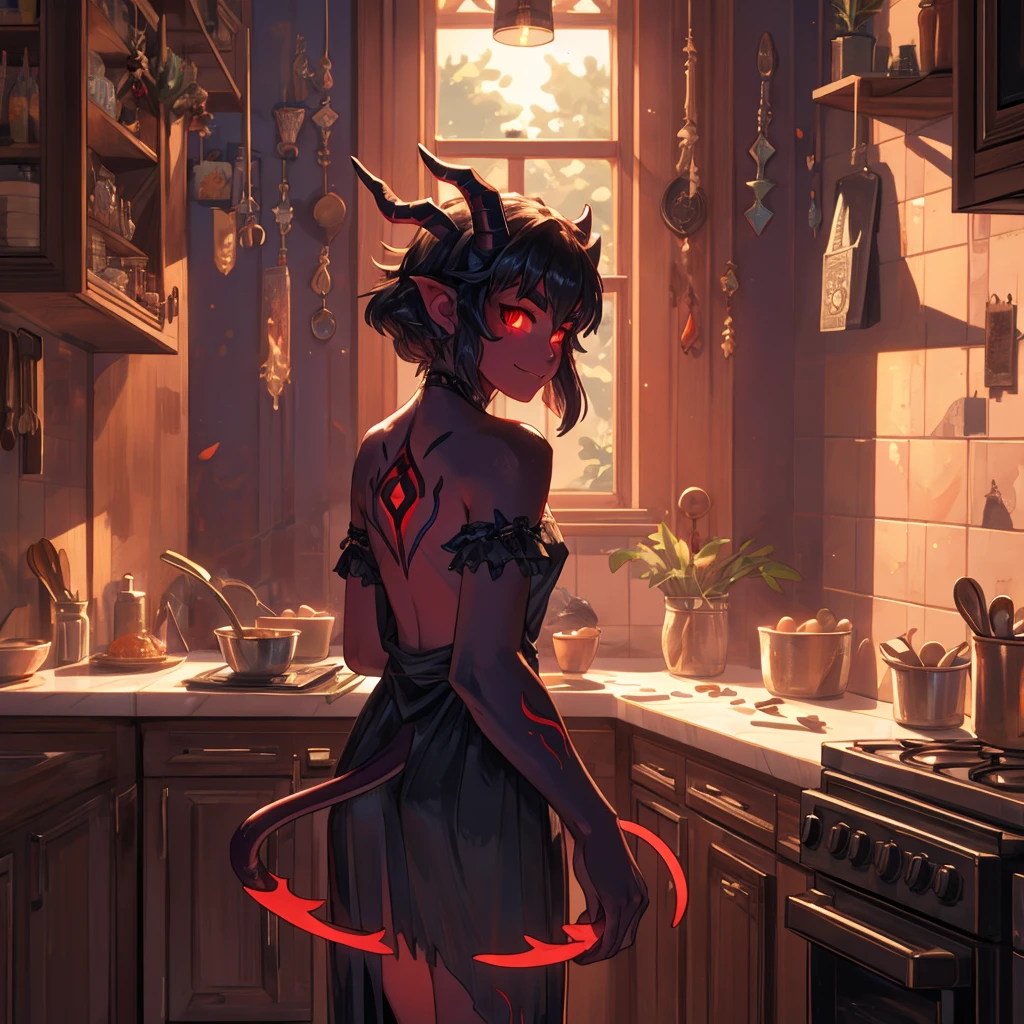    : 18 year old demonic girl standing in a bright kitchen, she is very thin with a small butt, as all demons she is completely naked, we see her from behind but she looks over her shoulder smiling (
, demonic skincolour, as all demons her face looks way younger than 18 nearly  