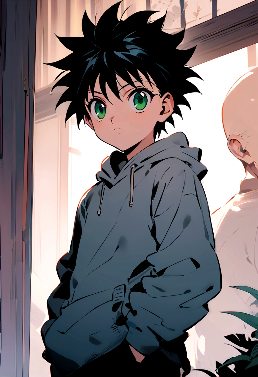  boy with black short mohawk hair and green eyes wearing a grey hoodie in hunter x hunter manga style