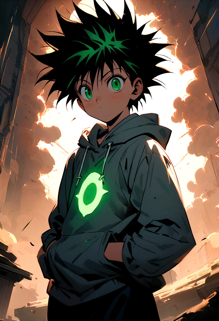 14 year old boy with black short mohawk hair and green eyes wearing a grey hoodie in hunter x hunter manga style