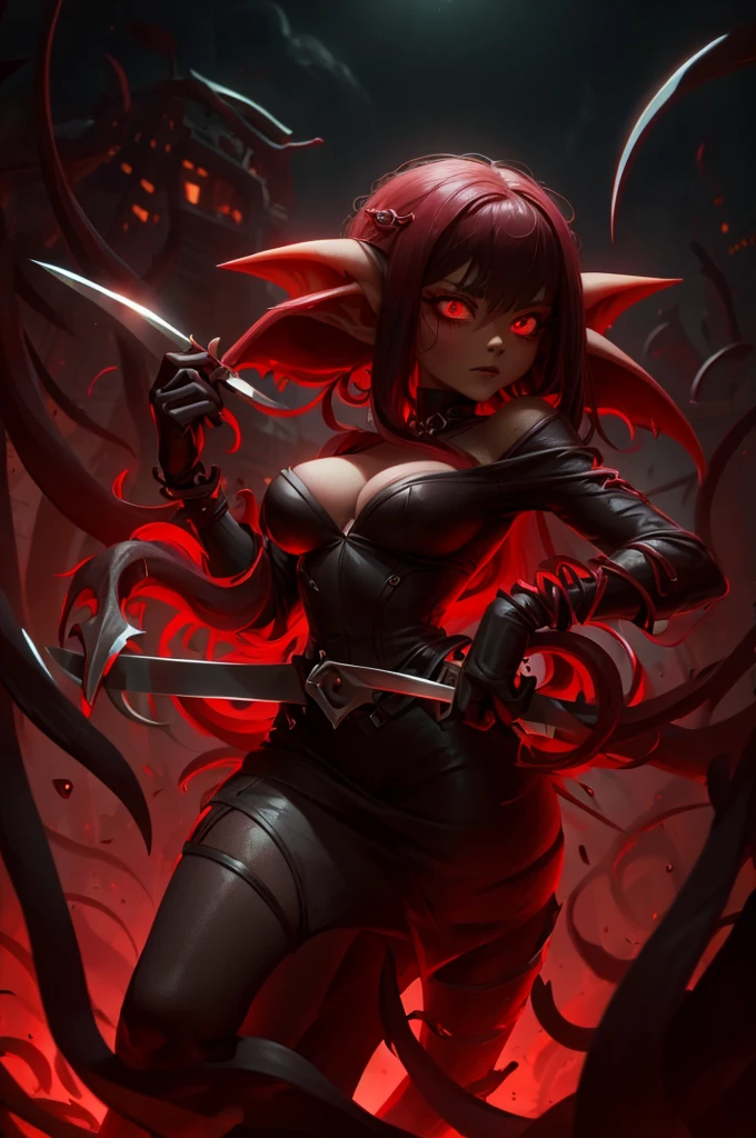 goblin mafia woman, black and red clothes, with a knife in his hands
