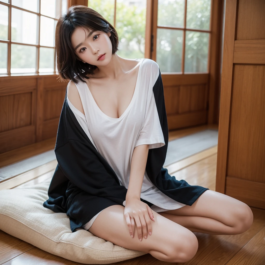 (top-quality、8K、32K、masterpiece、nffsw:1.2)、Photo of a cute Japanese woman、Black short hair、beauitful face、(Slouched:1.5)、crouching down、(From above:1.2)、(a closeup:1.4)、POV、Loose T-shirt with wide open chest、Big breasts and abs visible in the T-shirt、(beautiful nipple slips:0.9)、outside of house、the wind、shinny skin、blurry backround、