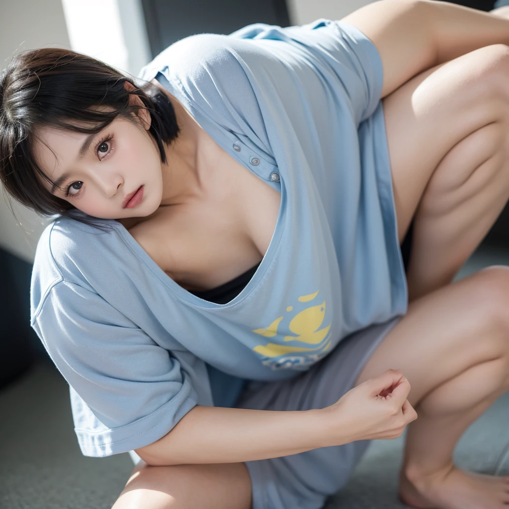 (top-quality、8K、32K、masterpiece、nffsw:1.2)、Photo of a cute Japanese woman、Black short hair、beauitful face、(Slouched:1.5)、crouching down、(From above:1.2)、(a closeup:1.4)、POV、Loose T-shirt with wide open chest、Big breasts and abs visible in the T-shirt、(beautiful nipple slips:0.9)、outside of house、the wind、shinny skin、blurry backround、