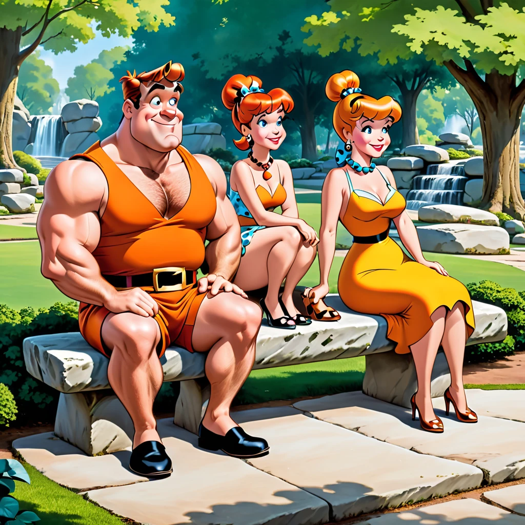 Fred and Wilma Flintstone sitting on a stone bench in the park