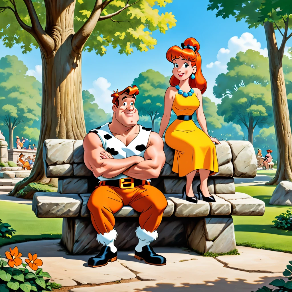 Fred and Wilma Flintstone sitting on a stone bench in the park