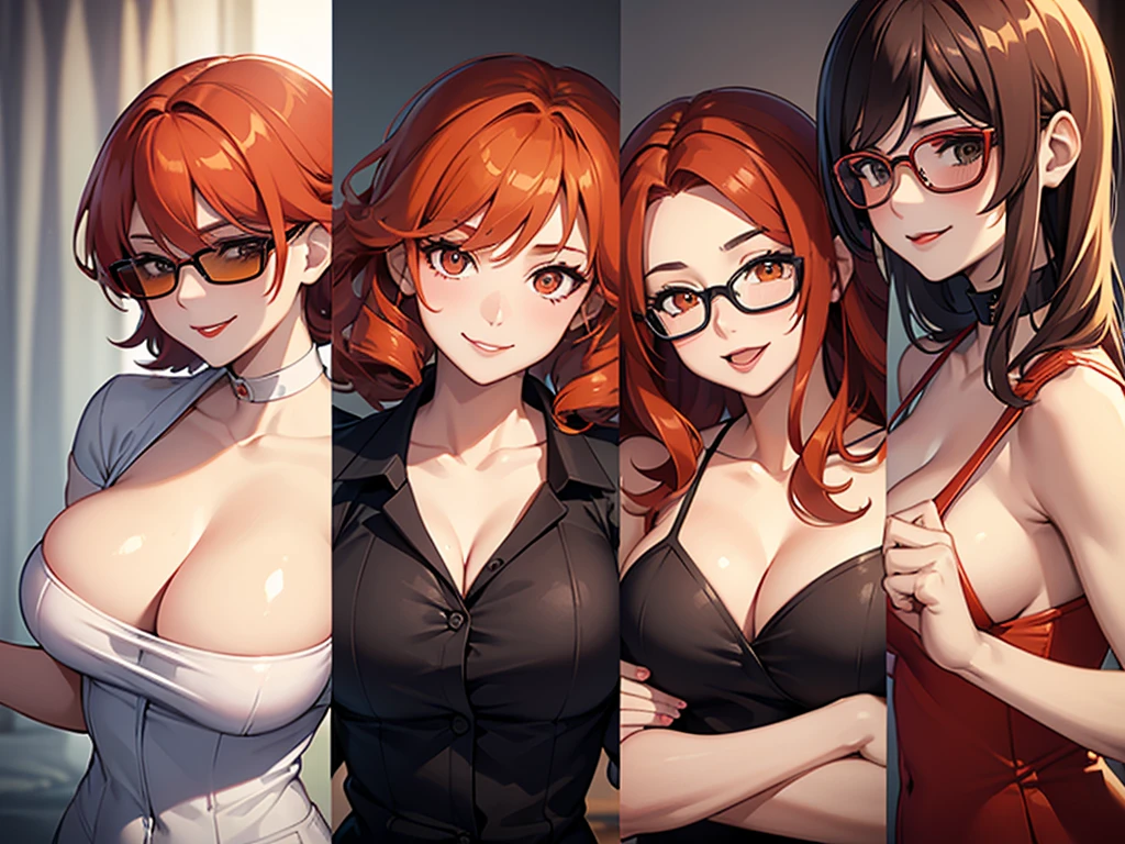 three sexy women in midwife outfits, flirtatious smiles, on bed, flirtatious smiles, close up faces portrait, sunglasses, black lipstick, short curly auburn, orange and red hair