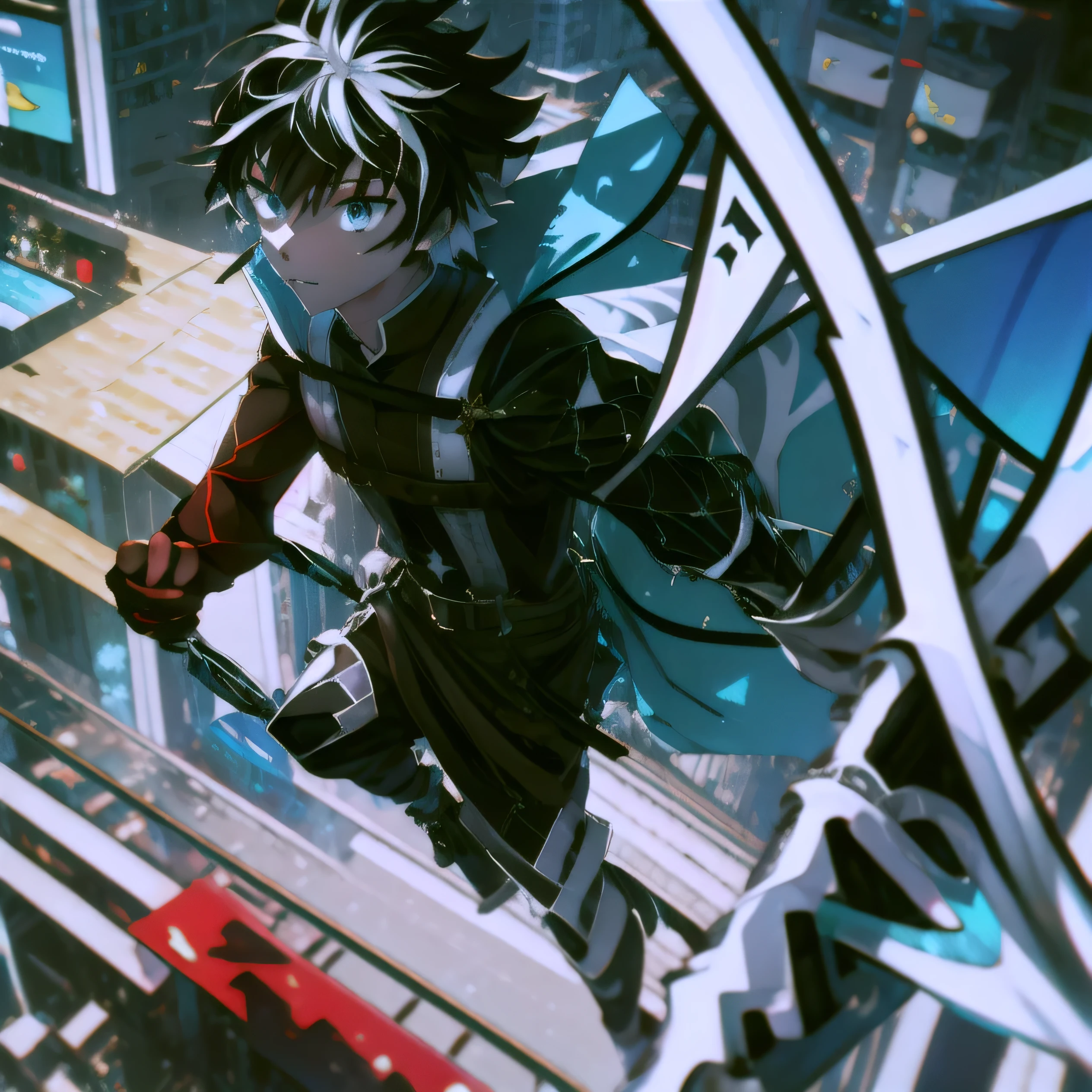 absurdres, uhd, 5k, best quality, full body, animechibi, 1boy, ((solo)), alone, charlemagne\(fate\), charlemagne, blue eyes, black hair, multicolored hair, two-tone hair, jumping, one leg behind, view at eye level,