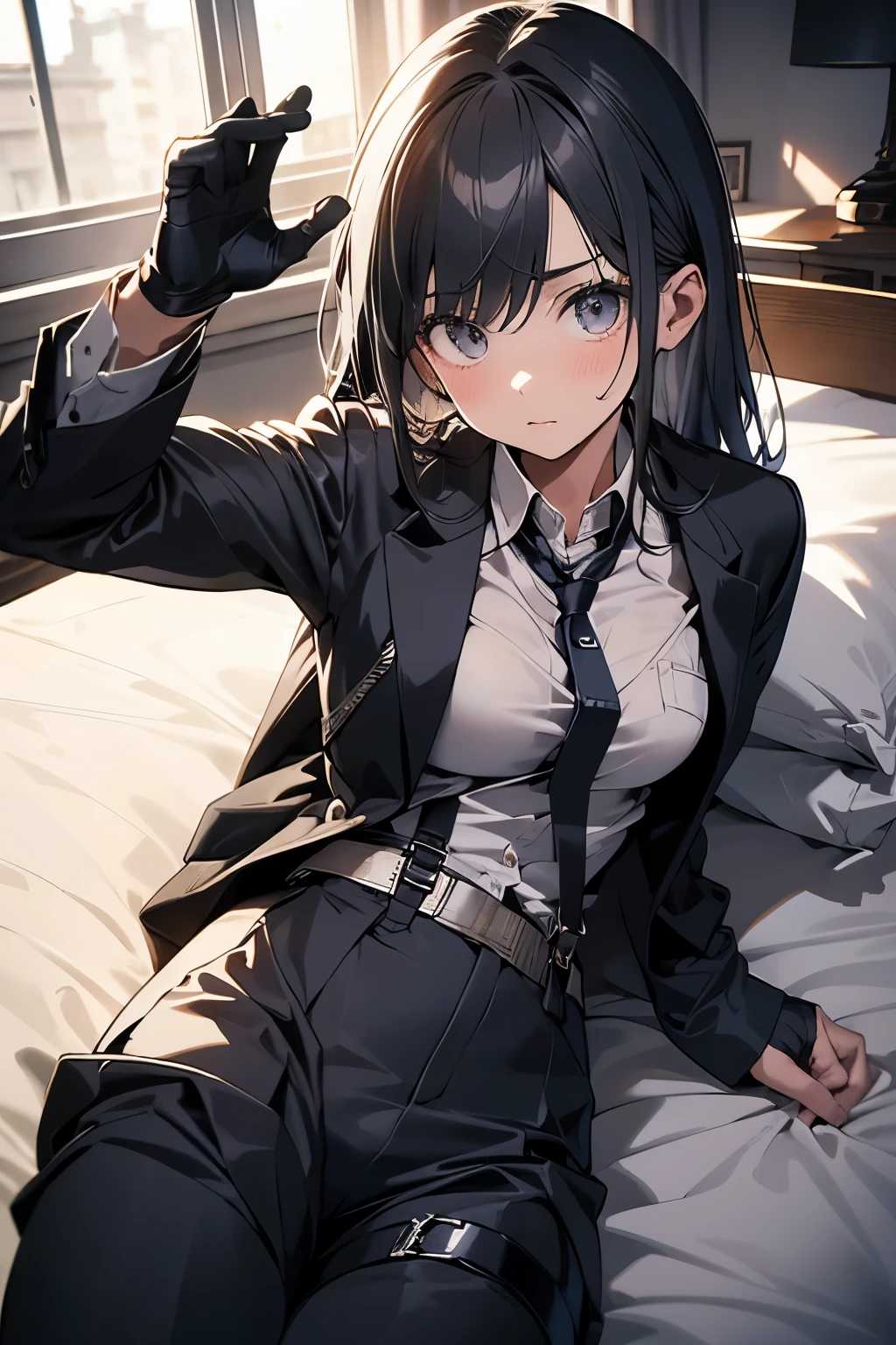 suspenders　　　Moderate breasts　 　 　　　　Small face　 　　　holster　　　Beautiful woman　　　　 Lying in bed　Looking up　　　　Sweat 　　　belt　summer　脇Sweat 　Black Hole Gloves　suit　shirt　　Black jacket　Mask black pants　Gun possession　Armament
