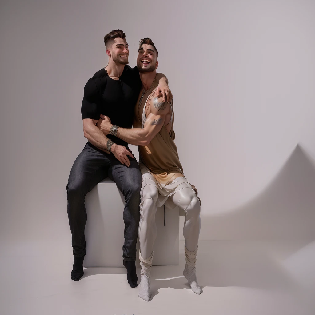 they sit together on a white box and smile, Two men hugging, Two muscular men intertwined, Two buddies sitting in a room, muscular men intertwined together, petros and leonid, Vitaly Bulgarov and Mike Nash, two handsome men, full body intertwined view, Greg Rutkowski and Jakub Rebelka, filmed in a photo studio