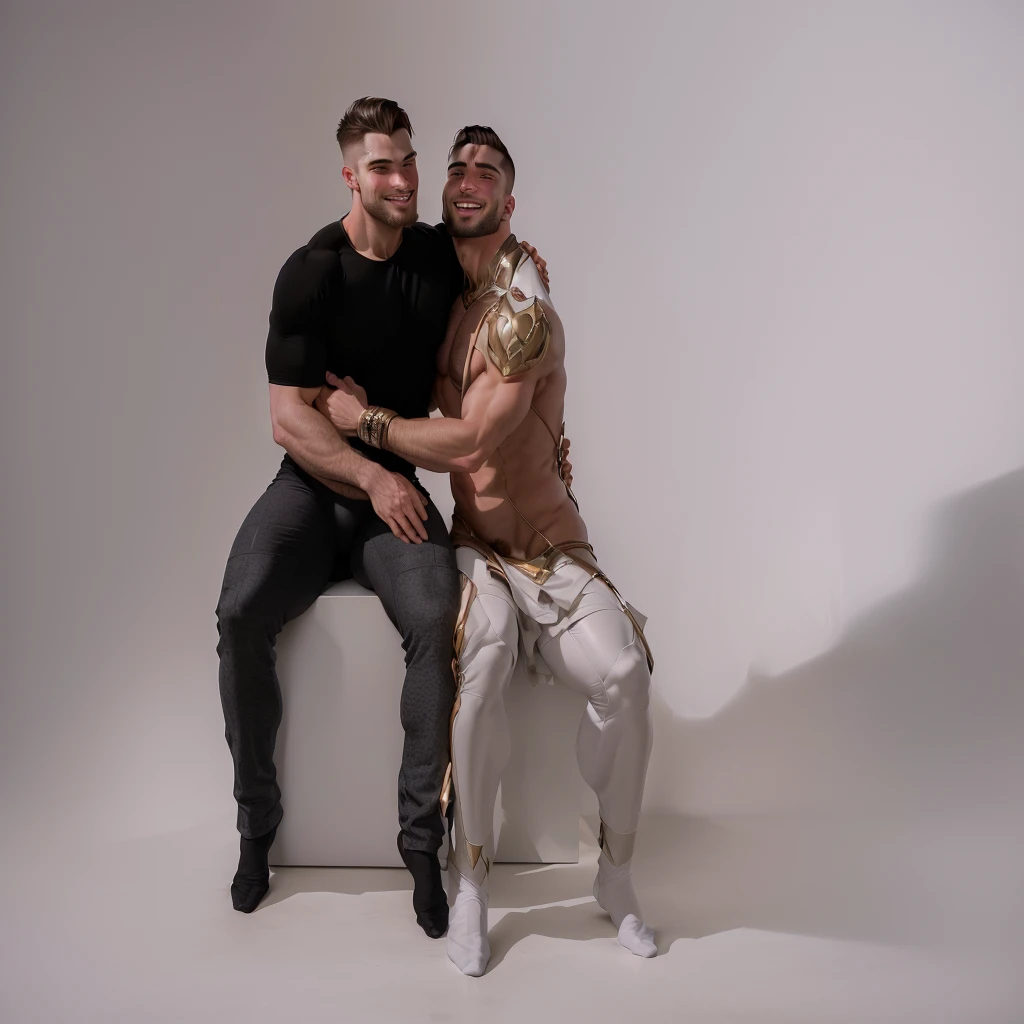 they sit together on a white box and smile, Two men hugging, Two muscular men intertwined, Two buddies sitting in a room, muscular men intertwined together, petros and leonid, Vitaly Bulgarov and Mike Nash, two handsome men, full body intertwined view, Greg Rutkowski and Jakub Rebelka, filmed in a photo studio