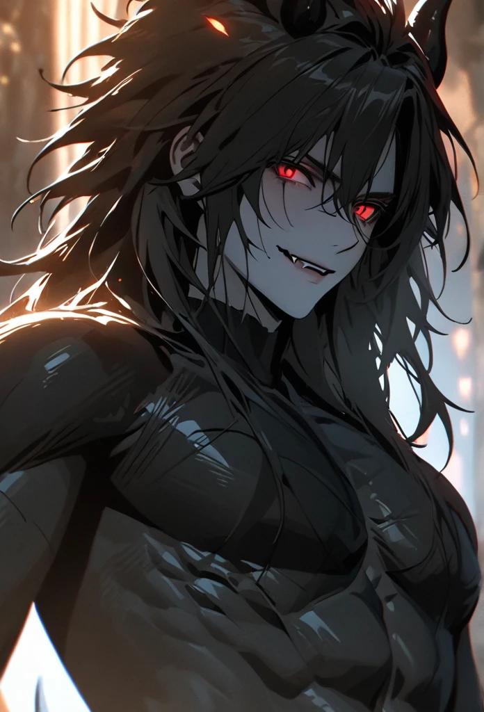 (solo), masculine, black hair, messy hair, mane hair, long hair, dense hair, wild hair, expressive hair, mature,(25 year old), pale skin, red eyes, ((man)), wearing a black robe, black demon horns,, Smiling and showing his fangs, handsome, attractive, eye reflection, depth of field, thunder aura,cinematic lighting, ray tracing, depth of field, cinematic lighting, ray tracing, UHD, high details, best quality, highres, high quality, award winning, super detail, masterpiece, 8k, UHD, high details, best quality, highres, high quality, award winning, super detail, masterpiece, 8k, digital art, anime coloring, full body, body shot, good face, perfect face, detailed face, good eyes, sitting on a throne