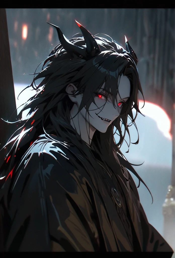(solo), masculine, black hair, messy hair, mane hair, long hair, dense hair, wild hair, expressive hair, mature,(25 year old), pale skin, red eyes, ((man)), wearing a black robe, black demon horns,, Smiling and showing his fangs, handsome, attractive, eye reflection, depth of field, thunder aura,cinematic lighting, ray tracing, depth of field, cinematic lighting, ray tracing, UHD, high details, best quality, highres, high quality, award winning, super detail, masterpiece, 8k, UHD, high details, best quality, highres, high quality, award winning, super detail, masterpiece, 8k, digital art, anime coloring, full body, body shot, good face, perfect face, detailed face, good eyes, sitting on a throne