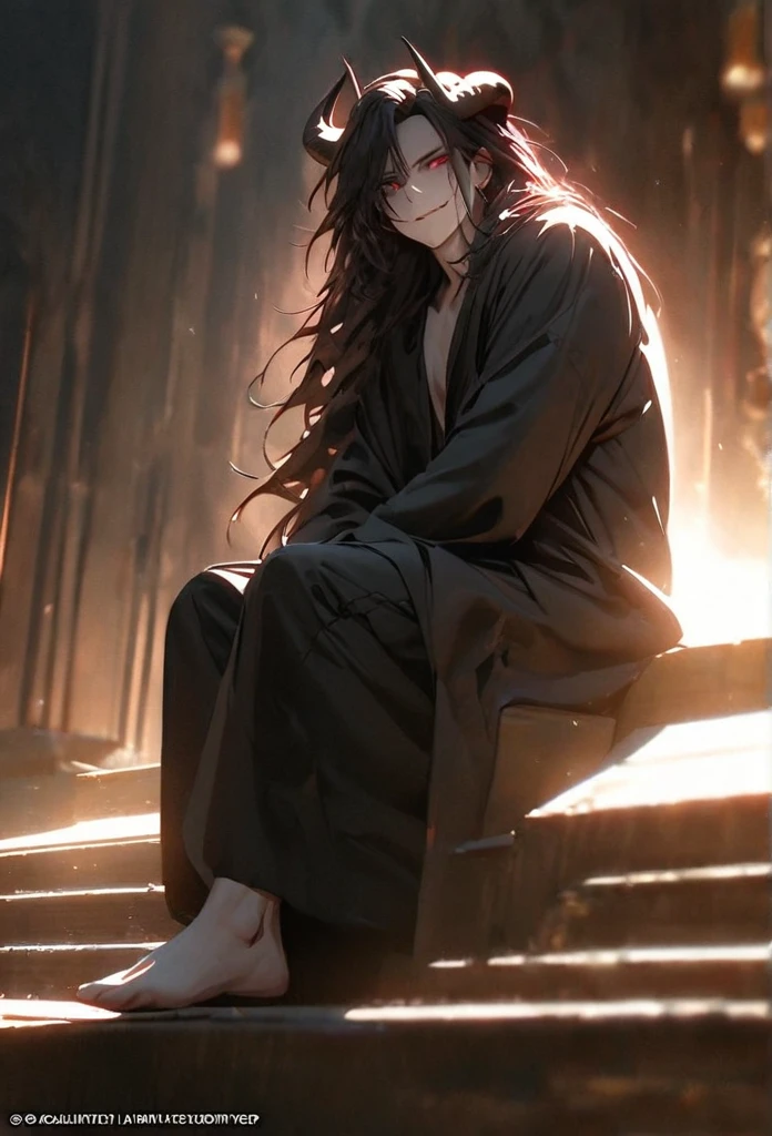 (solo), masculine, black hair, messy hair, mane hair, long hair, dense hair, wild hair, expressive hair, mature,(25 year old), pale skin, red eyes, ((man)), wearing a black robe, black demon horns,, Smiling and showing his fangs, handsome, attractive, eye reflection, depth of field, thunder aura,cinematic lighting, ray tracing, depth of field, cinematic lighting, ray tracing, UHD, high details, best quality, highres, high quality, award winning, super detail, masterpiece, 8k, UHD, high details, best quality, highres, high quality, award winning, super detail, masterpiece, 8k, digital art, anime coloring, full body, body shot, good face, perfect face, detailed face, good eyes, sitting on a throne