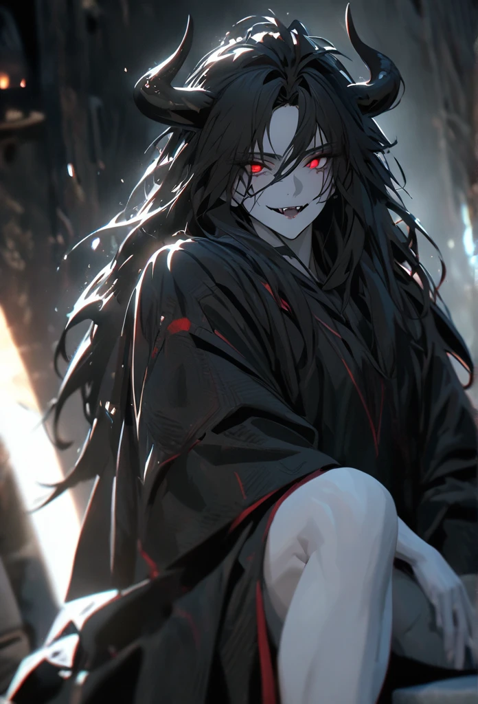 (solo), masculine, black hair, messy hair, mane hair, long hair, dense hair, wild hair, expressive hair, mature,(25 year old), pale skin, red eyes, ((man)), wearing a black robe, black demon horns,, Smiling and showing his fangs, handsome, attractive, eye reflection, depth of field, thunder aura,cinematic lighting, ray tracing, depth of field, cinematic lighting, ray tracing, UHD, high details, best quality, highres, high quality, award winning, super detail, masterpiece, 8k, UHD, high details, best quality, highres, high quality, award winning, super detail, masterpiece, 8k, digital art, anime coloring, full body, body shot, good face, perfect face, detailed face, good eyes, sitting on a throne
