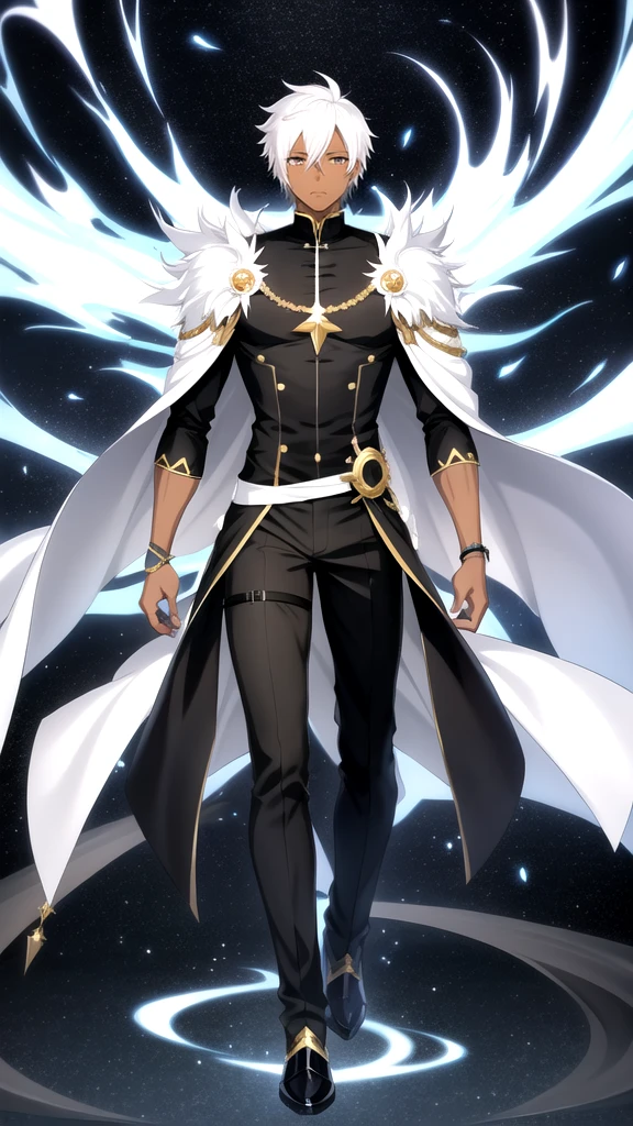 Anime style,Full body,male,dark skin,short black hair with few white hair,Dress sexy,wizard,Minimalist white background