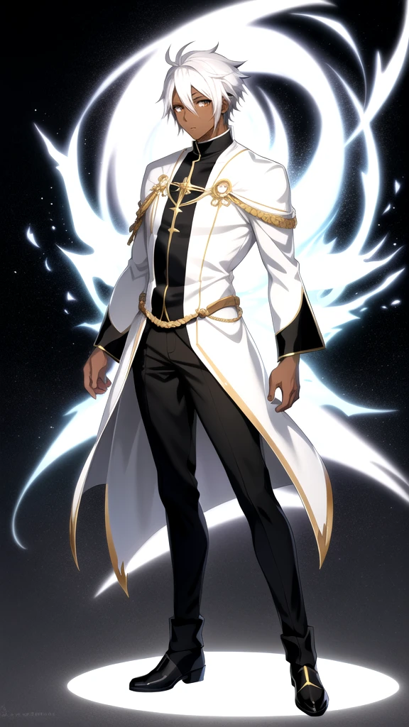 Anime style,Full body,male,dark skin,short black hair with few white hair,Dress sexy,wizard,Minimalist white background