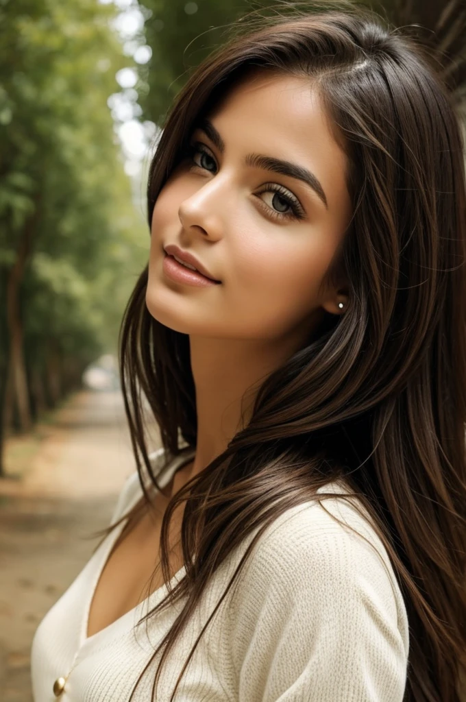 Fotografia natural de uma bonita, usando um camisa branca da dolce & gabbana, leaning over, long flowing hair, medium bust, Close your eyes on the camera, symmetric eyes, symmetrical face, fotorrealista, fotografia, Rastreamento de caminho, specular illumination, volumetric facial light, path traced hair, visible shadows, intrincado, elaborar ((Melhor qualidade, 8k, Obra-prima: 1,3)), foco nítido: 1,2, Rosto e textura de pele altamente detalhados, Olhos detalhados.