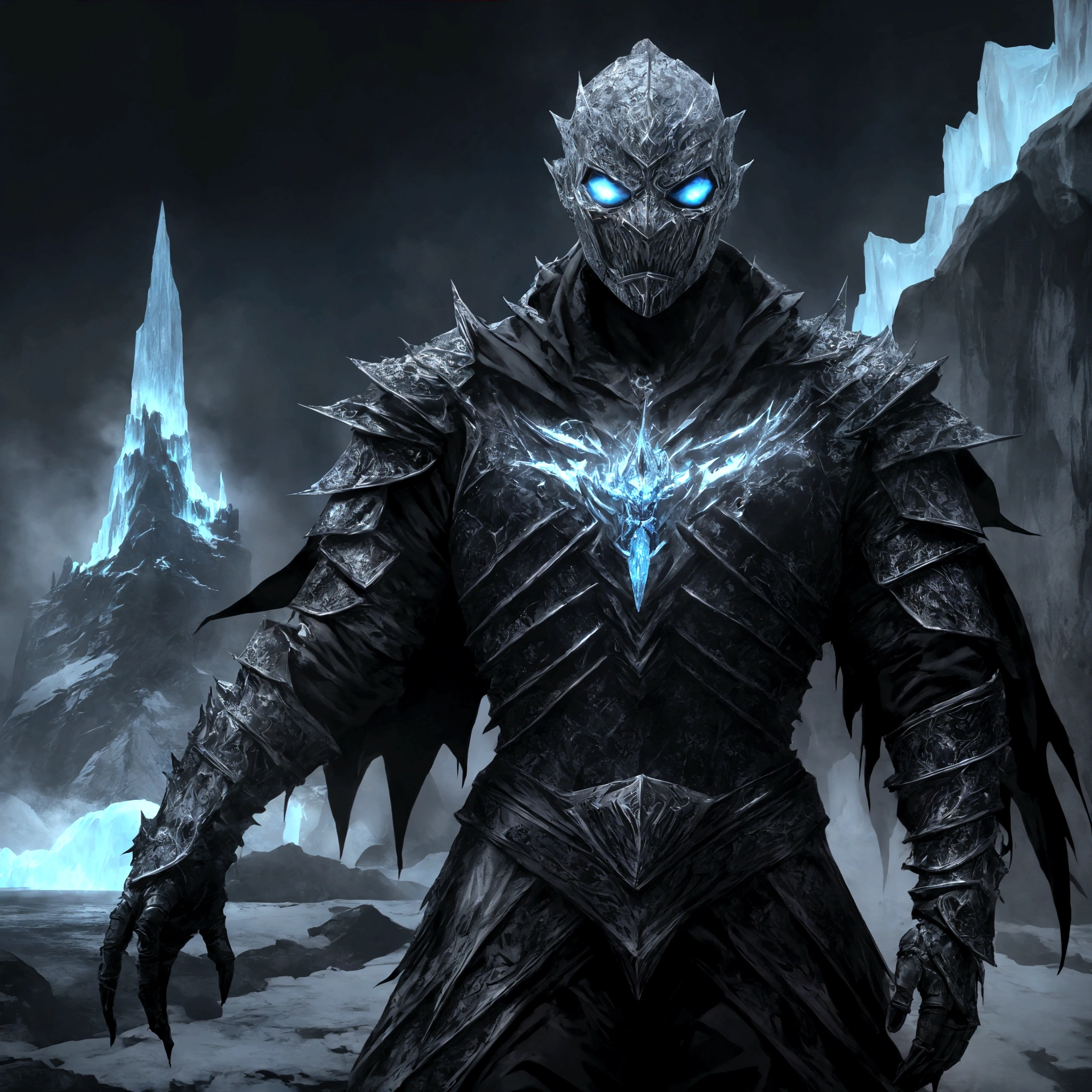 (extremely detailed 8k wallpaper), a medium shot photo of scary Grim dressed as a icey masked ice-supervillain in an armour made of icey glowing wires from marvel, theme, intricate, high detail, dramatic, old scary building with a huge iceberg in the background