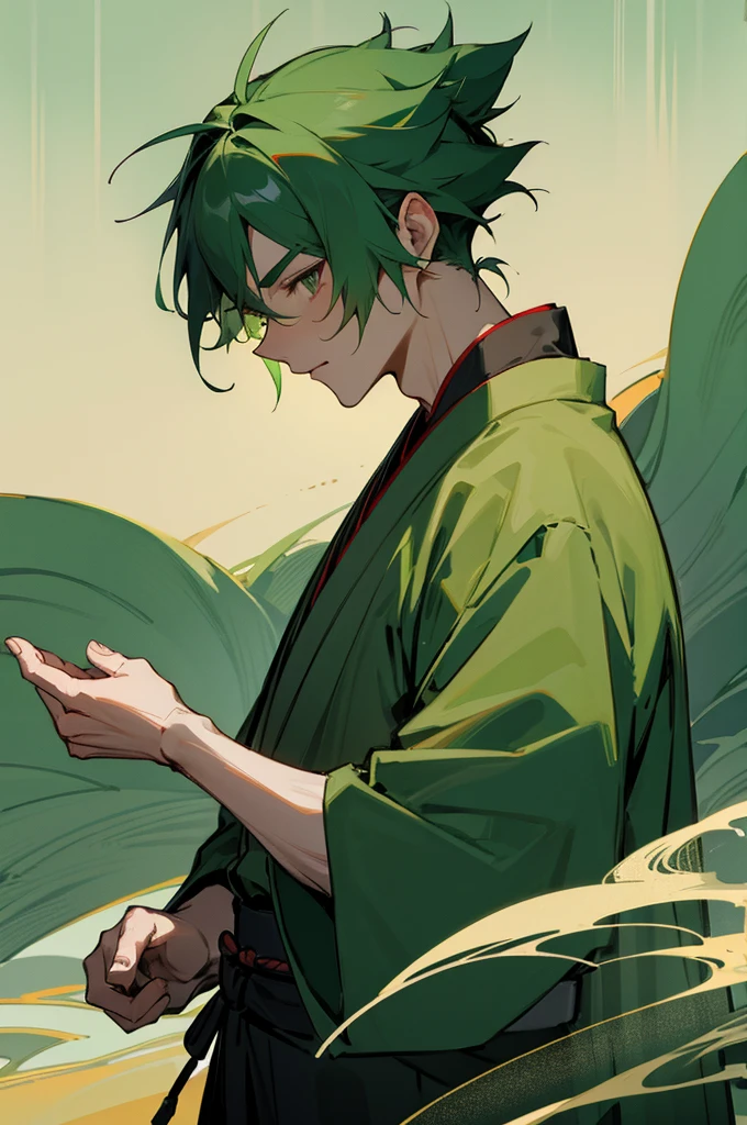 Male, Haori, Samurai Clothing, Forest Background, Green hair