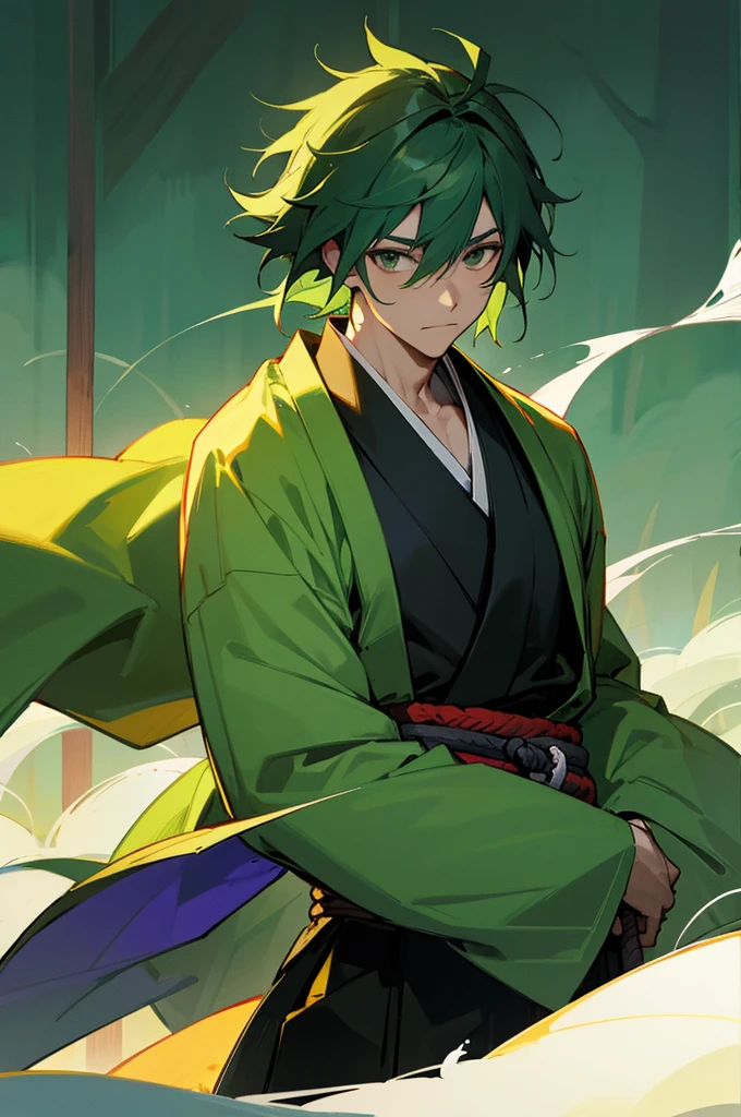 Male, Haori, Samurai Clothing, Forest Background, Green hair