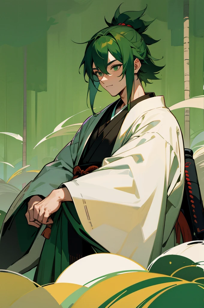 Male, Haori, Samurai Clothing, Forest Background, Green hair