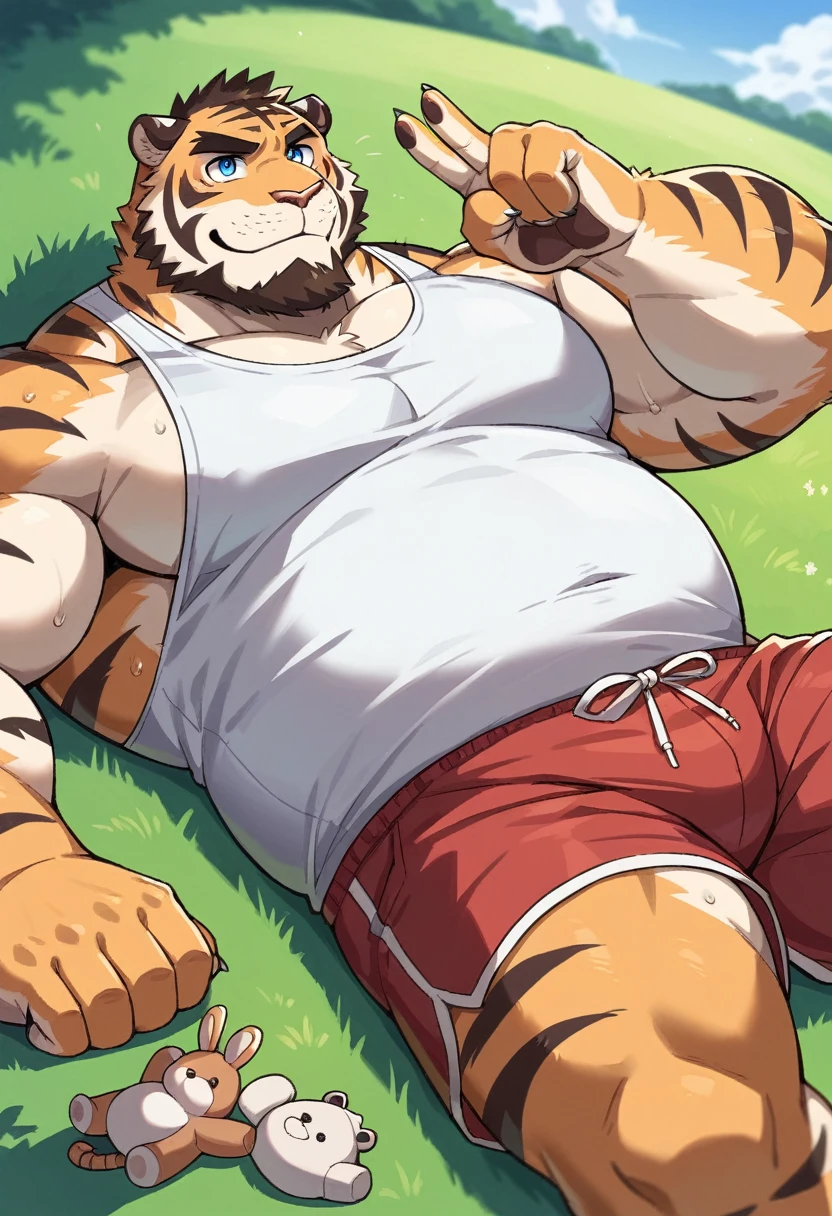 NJ5furry,tiger,solitary,Beast field,chubby, Thick arms,Strong muscles,shorts,Plush,Chubby face,Black eyebrows,Sky blue eyes,beard,smirk:1.1,lying on the grass,Lie down,look up to the sky,(from above:1.1),Victory sign✌,(shirt,shorts),Sunlight,(sweat),by zixiong, Takemoto Arashi