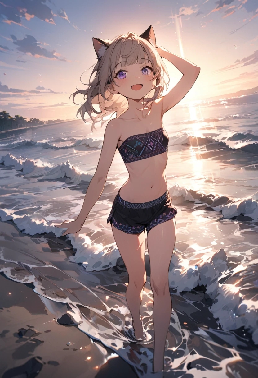 ((Masterpiece)), ((best quality)), (Anime:1.3), (super detail:1.2),(High Definition:1.3), (Professional Photography:1.2), (wide shot), cinematic lighting, (sharp focus), (perfect light), ((1girl)), (()), (full body), looking up, messy medium hair, Beautiful collarbone, ((Embroidered Tribal black tubutop)), strapless, bare arms, cute navel, (Tribal boxer shorts), (Healthy slim body), (loose blunt bangs), Slender body, glossy skin, (naughty smile), open mouth, ((Beautiful purple eyes)), Textured skin, (Cat ears), (Pale brown hair), Cute Beautiful Girl, (slightly exposed medium breast), BREAK, ((best quality)), (full body), ((1girl)), ((arm up)), (walking on the shoreline at dawn), (sharp focus), (perfect light),
