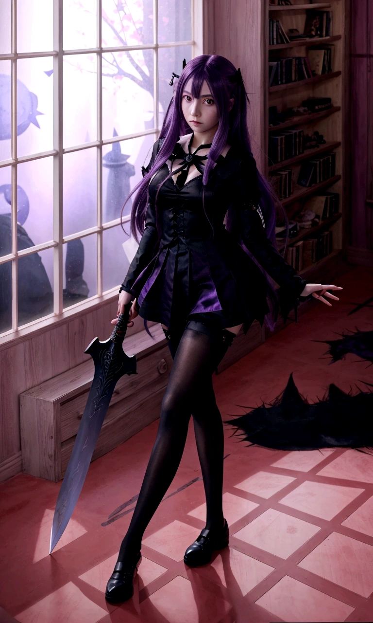 anime girl with purple hair holding a sword in a room, gapmoe yandere grimdark, anime girl hyperrealistic fanart, gapmoe yandere, commission for high res, !!full body portrait!!, anime style like fate/stay night, a hyperrealistic , fullbody commission for, yandere. tall, realistic , gothic maiden anime girl