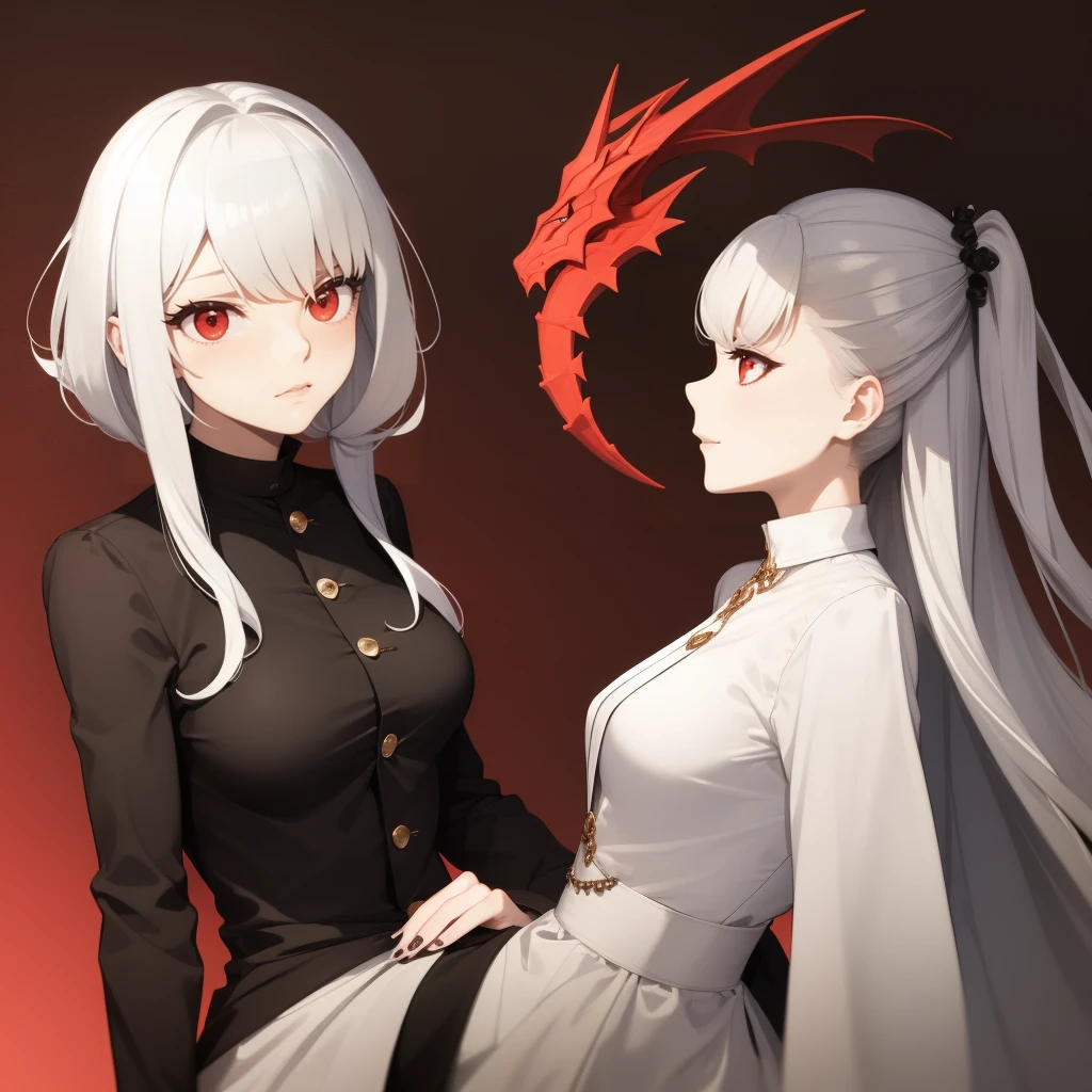 Dragon girl with white hair, red eyes and pale skin in a dress