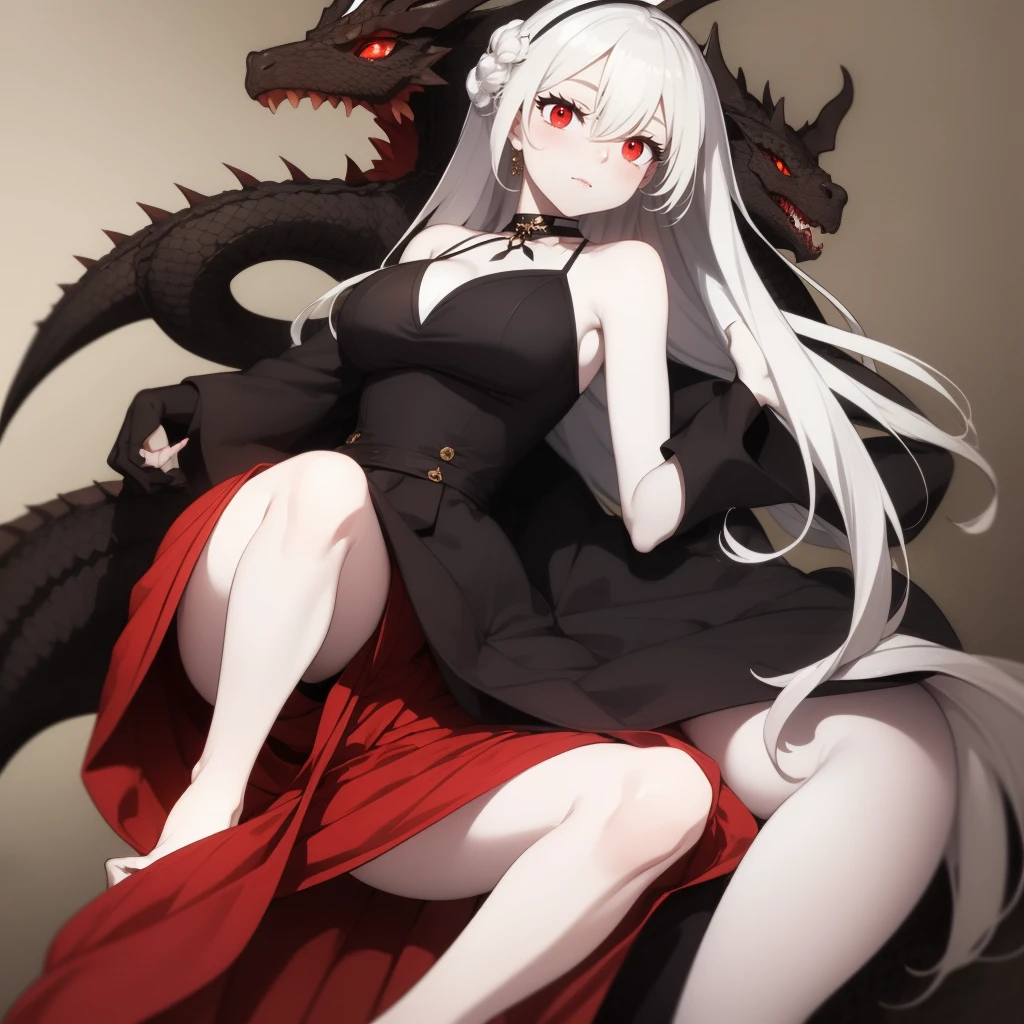 Dragon girl with white hair, red eyes and pale skin in a dress