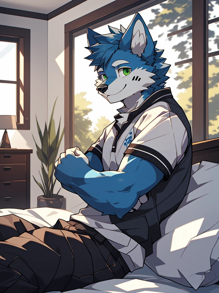 (High Definition, Dynamic HDR, 4k, Full HD) furry ,18 years old ,relaxed ,blue fur ,wolf ,tall ,blue fur ,green eyes ,random clothes ,smile on face ,resting ,bedroom ,upper body,cute,handsome,alone